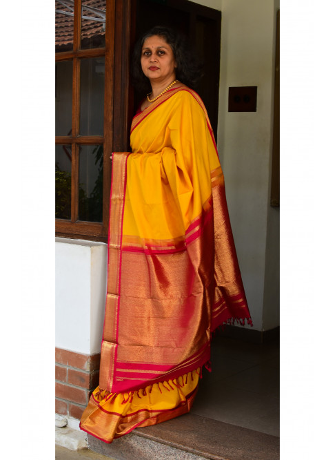 Yellow, Handwoven Ahimsa Silk, Plain Weave , Jacquard, Festive Wear, Real Jari Saree